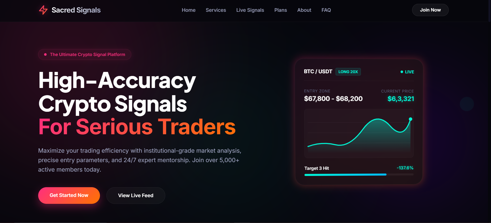Sacred Signals crypto trading platform screenshot